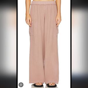 Monrow Gauze Wide Leg Cargo in Pecan Cotton Pull On Elastic High Waist Size XS
